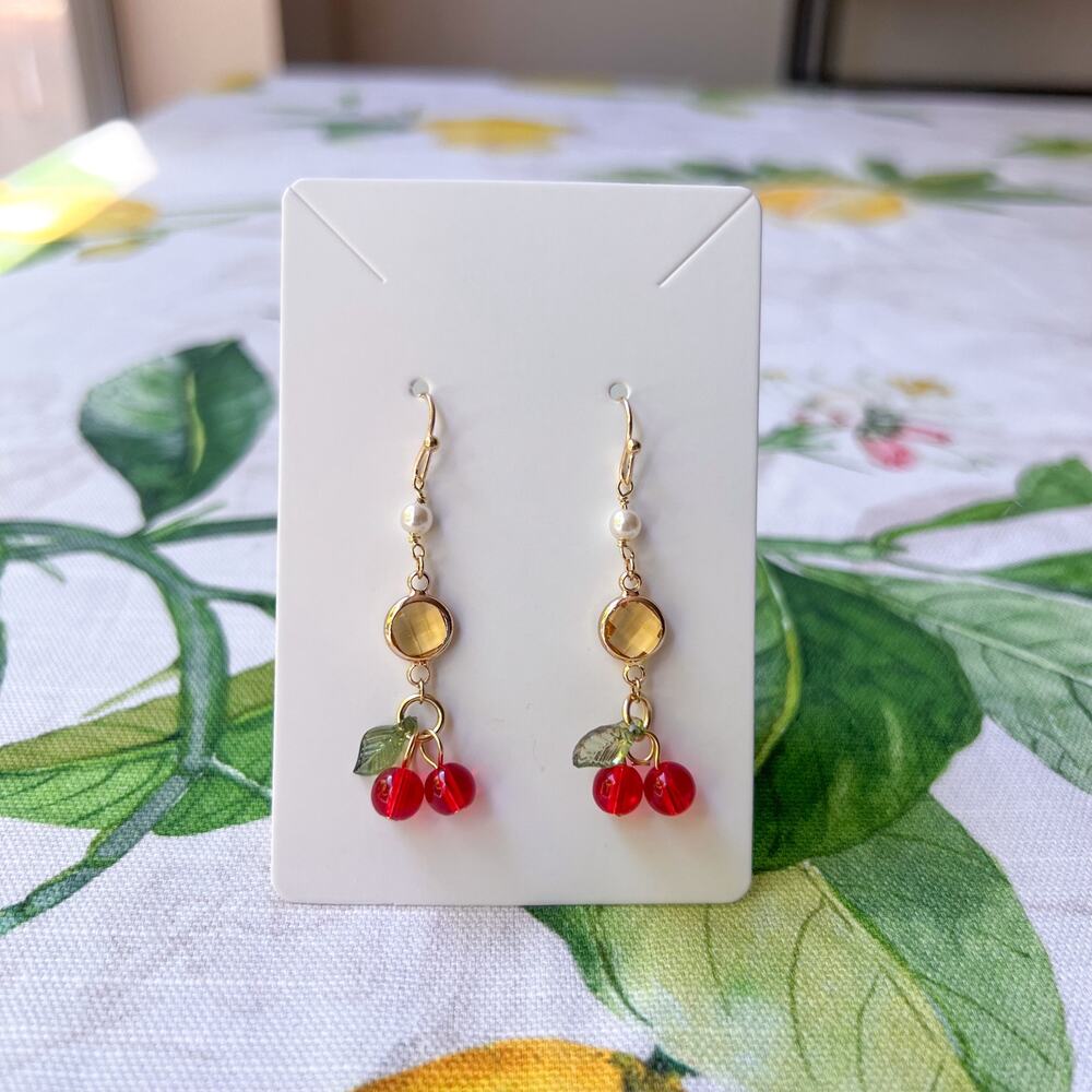 Sunshine Cherry Earrings, Pearl Crystal Charm, Casual Citrine Yellow Coquette